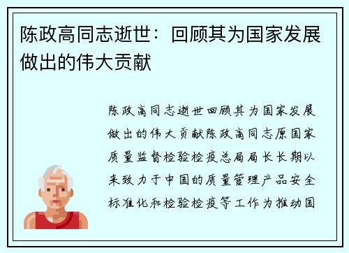陈政高同志逝世：回顾其为国家发展做出的伟大贡献