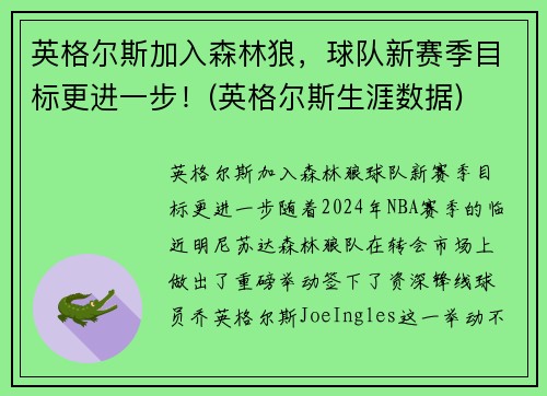 英格尔斯加入森林狼，球队新赛季目标更进一步！(英格尔斯生涯数据)