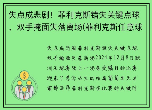 失点成悲剧！菲利克斯错失关键点球，双手掩面失落离场(菲利克斯任意球)