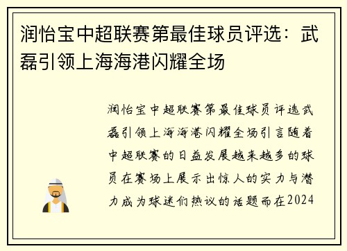 润怡宝中超联赛第最佳球员评选：武磊引领上海海港闪耀全场